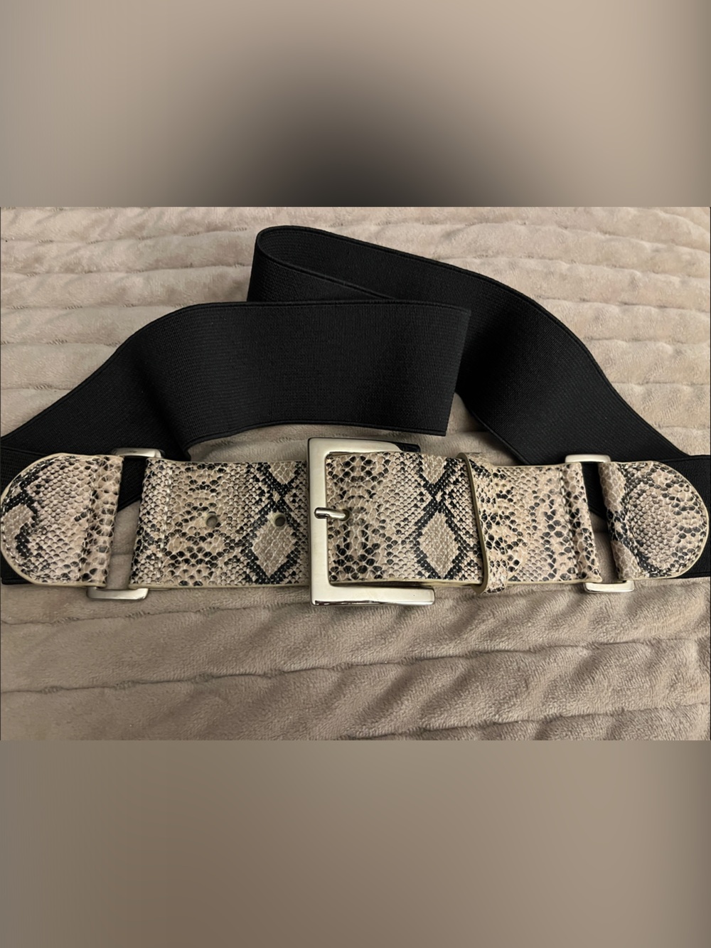 Snake-Print Stretch Waist Belt with Silver Buckle - Black and Beige